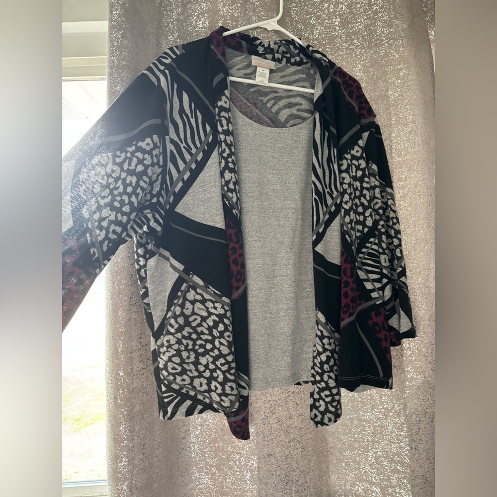 Alfred Dunner Black, Burgundy and Gray Animal Print Cardigan